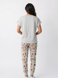 Women's knit pajama set with golden retriever graduation cap graphic tee and all-over print jogger pants, light gray heather