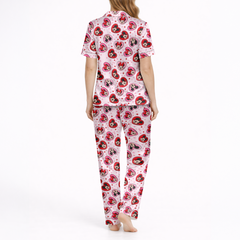 Women’s Silky Satin Pajama Set – Cartoon Love Character Print