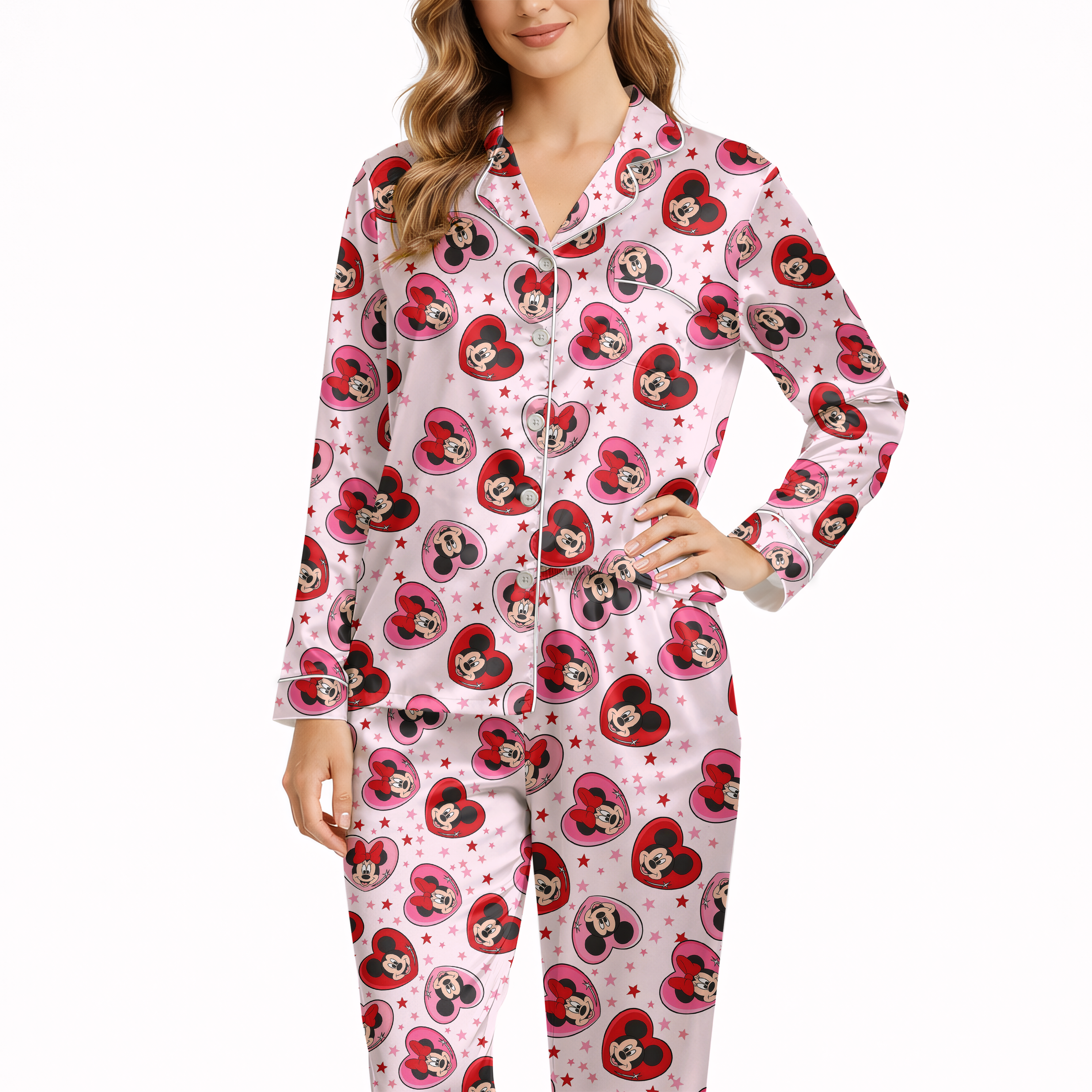 Women’s Silky Satin Pajama Set – Cartoon Love Character Print