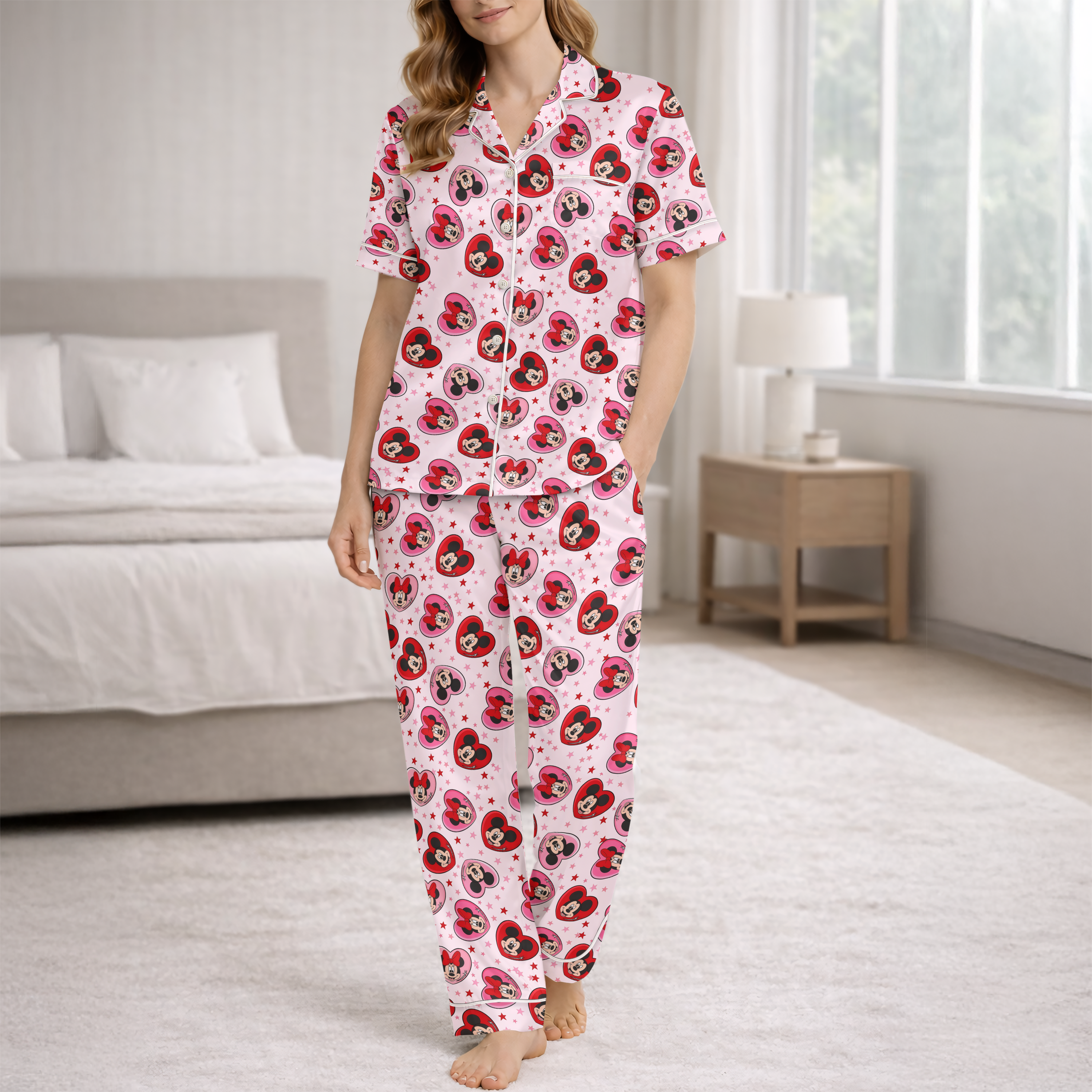 Women’s Silky Satin Pajama Set – Cartoon Love Character Print