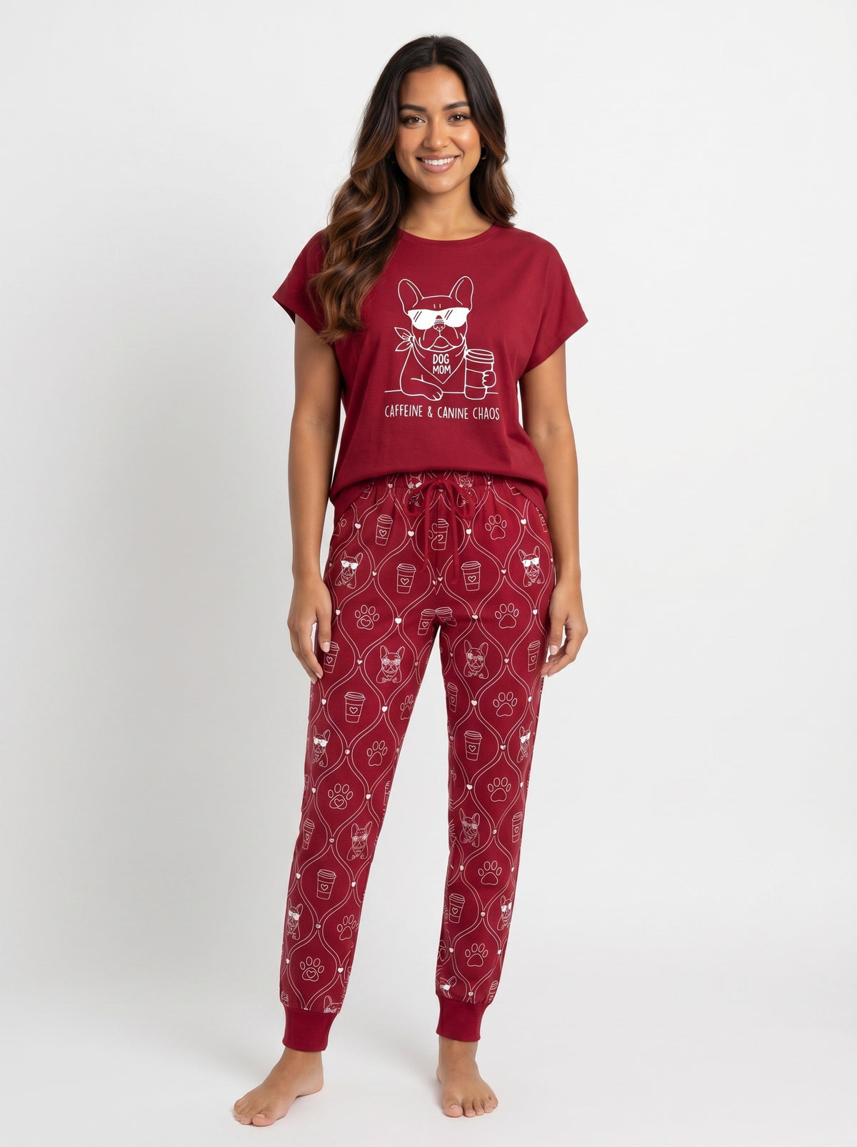 Cute Dog Mom Soft Knit Pajama Set — French Bulldog Graphic Tee & AOP Jogger Pants for Women