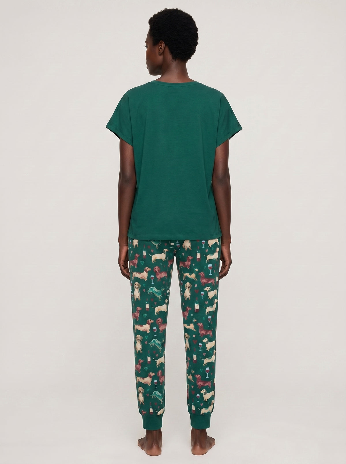 Women's dachshund wine knit pajama set, forest green AOP jogger and graphic tee, I Do What I Want print