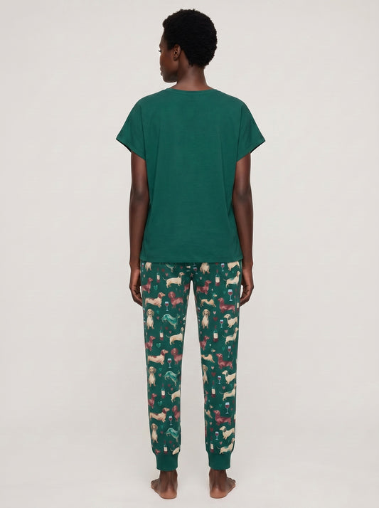 Women's dachshund wine knit pajama set, forest green AOP jogger and graphic tee, I Do What I Want print