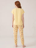 Women's golden retriever teacher pajama set, light yellow soft knit tee with graduation cap dog graphic and AOP jogger pants