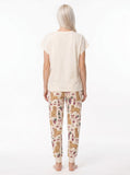 Women's soft knit pajama set with golden retriever wine graphic tee and all-over print jogger pants, cream and dusty rose palette