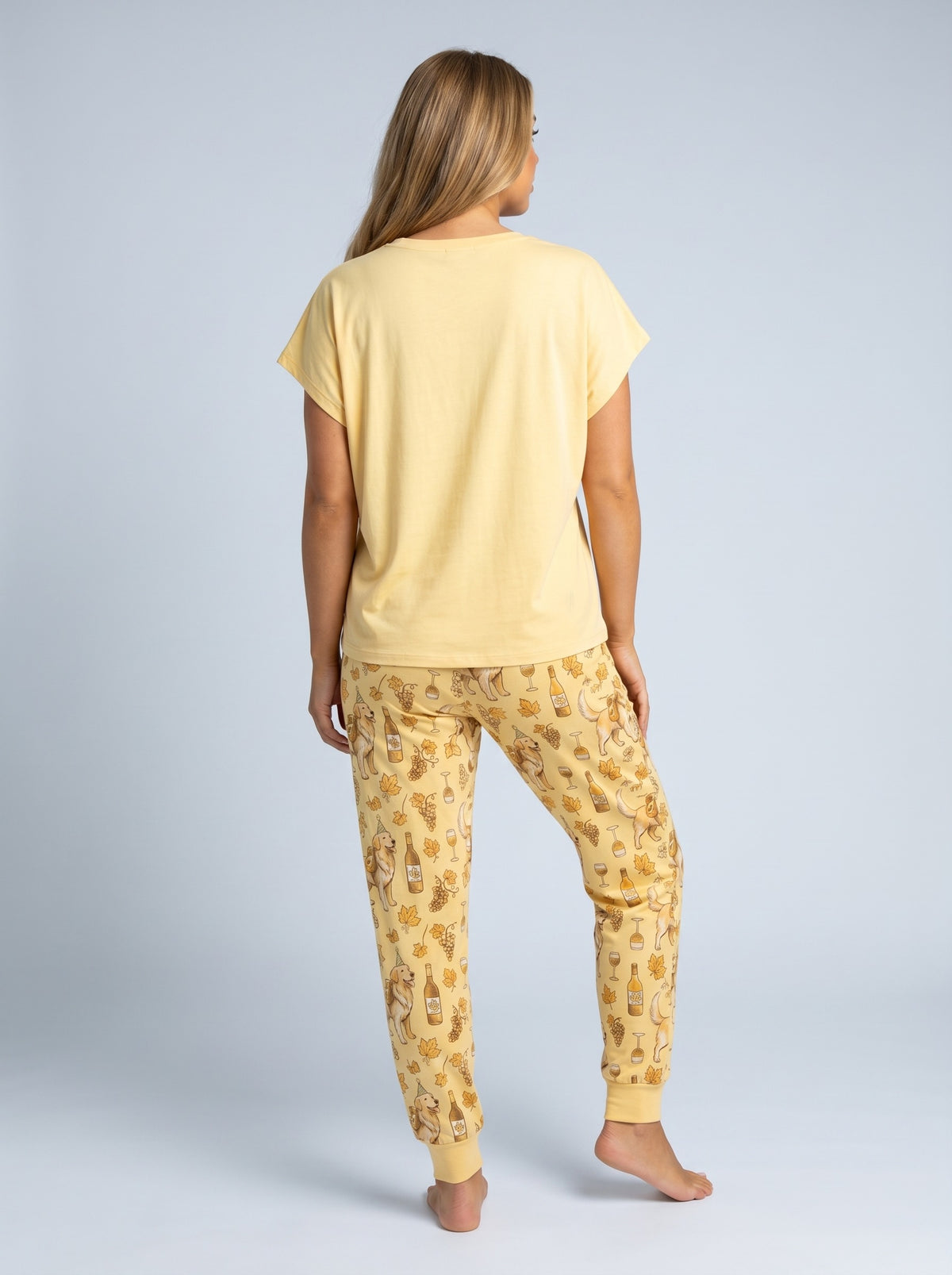 Golden retriever wine print soft knit pajama set for women — light yellow dog mom sleepwear