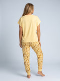 Golden retriever wine print soft knit pajama set for women — light yellow dog mom sleepwear