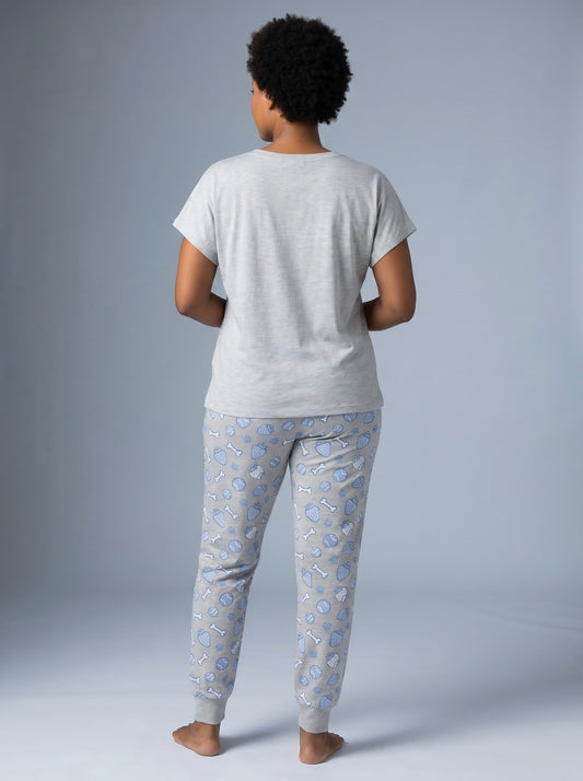 Women's light gray knit pajama set with cartoon poodle sunglasses graphic tee and strawberry paw print AOP jogger pants