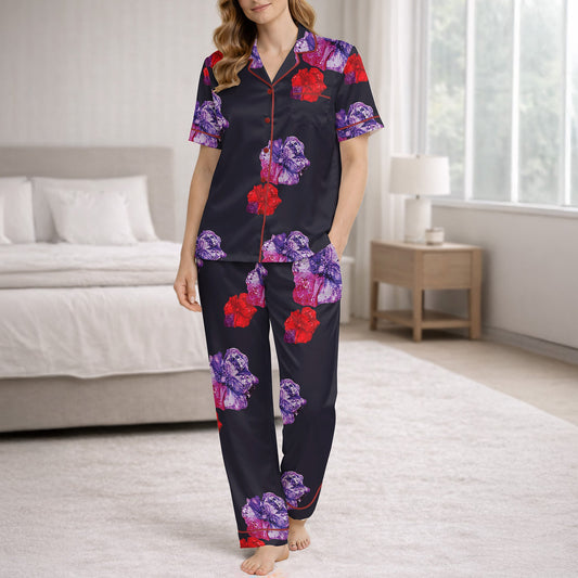 Short Sleeve Button-Down Pajamas with Floral Pattern