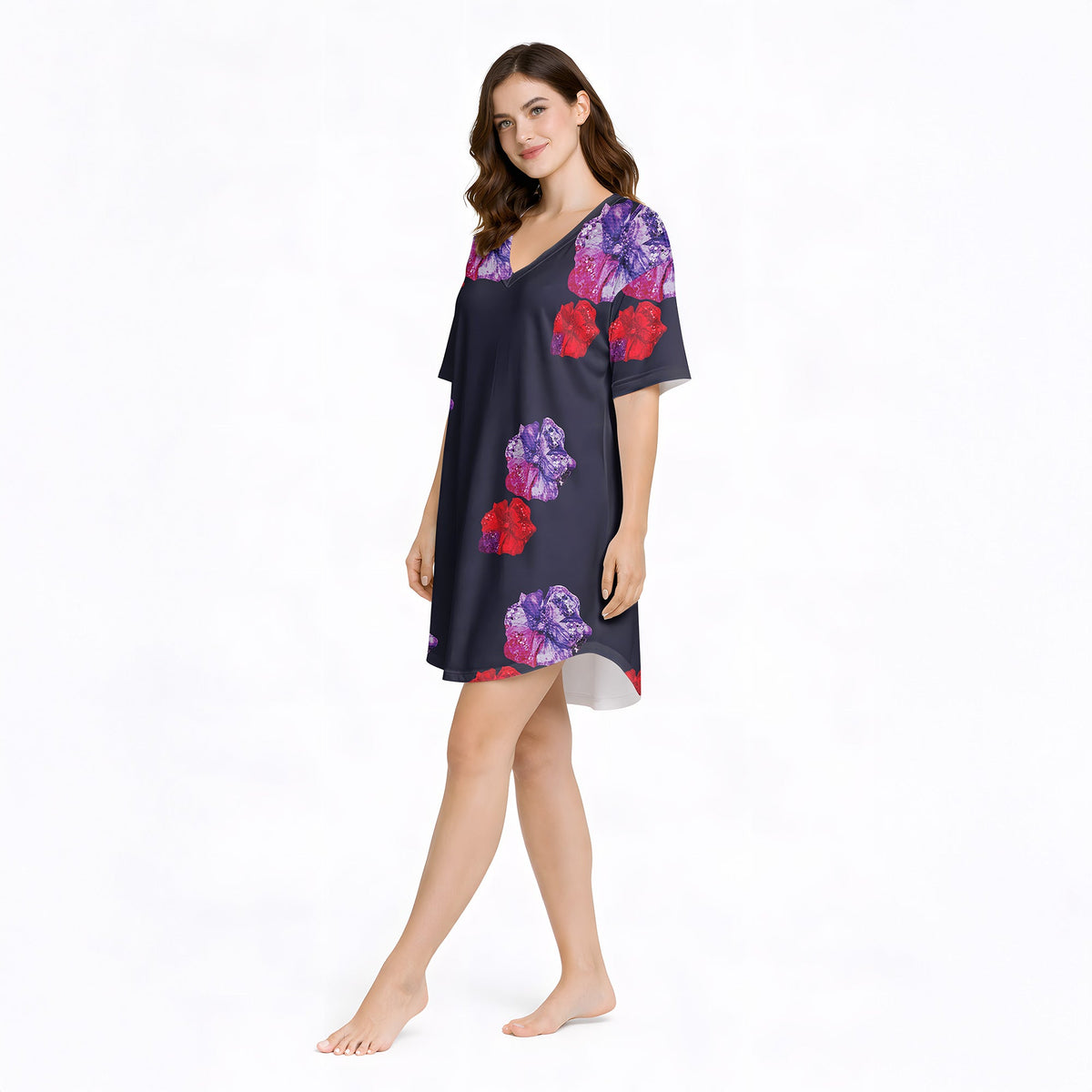 Short Sleeve Floral Print Sleep Dress - Midnight Garden