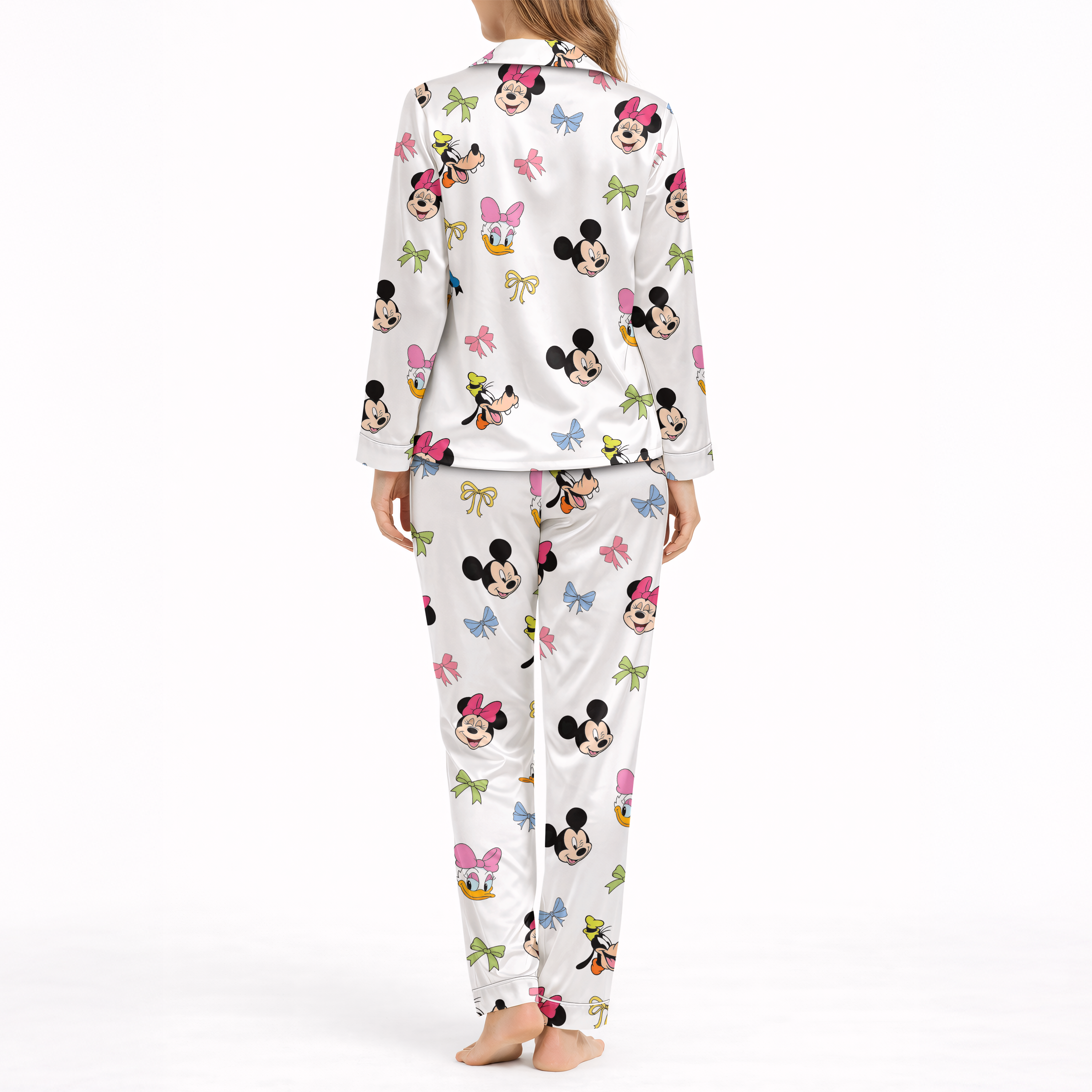 Women’s Silky Satin Pajama Set – Cute Cartoon Friends Print
