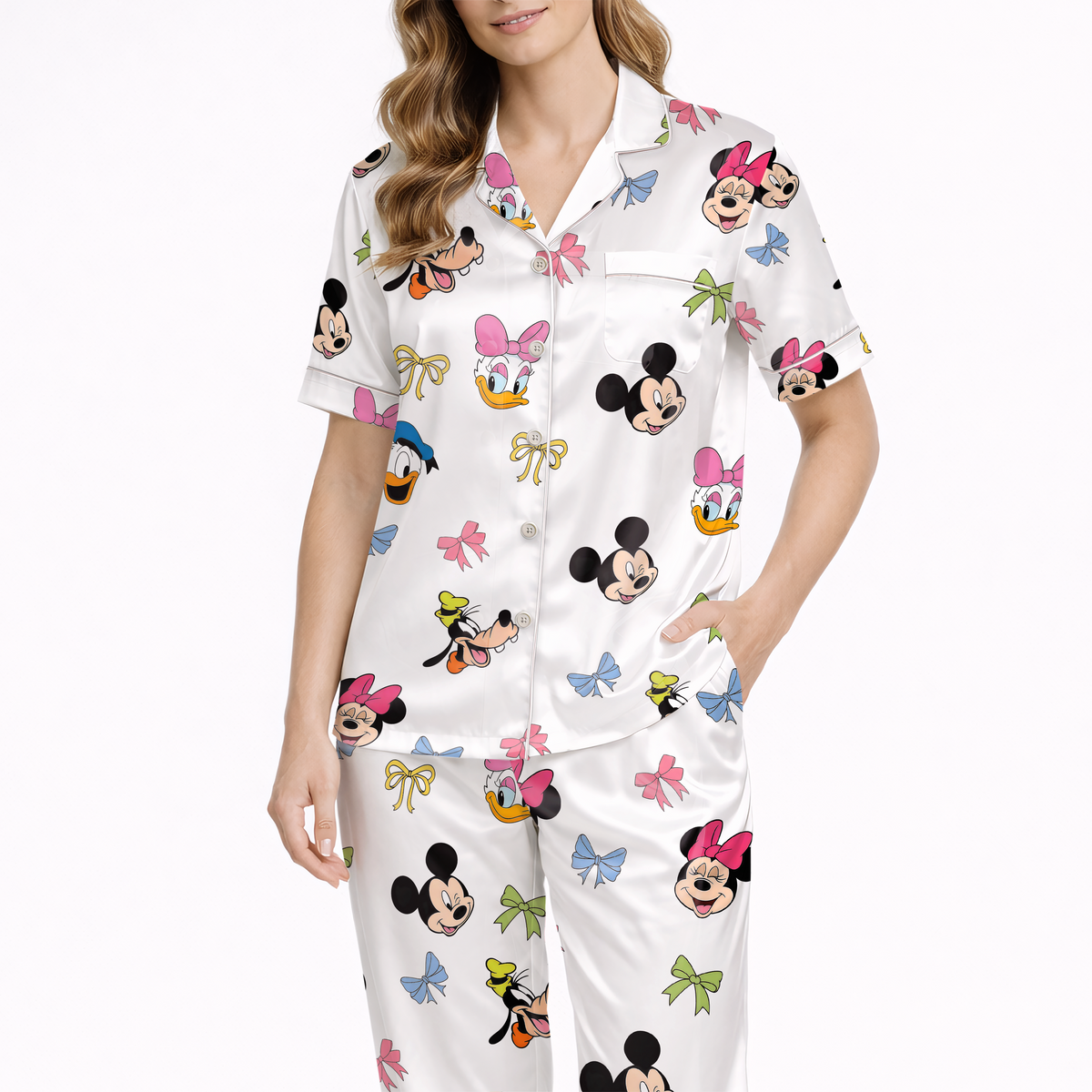 Women’s Silky Satin Pajama Set – Cute Cartoon Friends Print