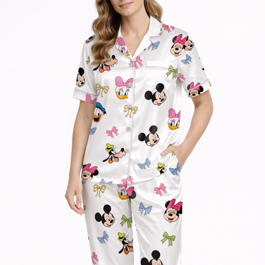 Women’s Silky Satin Pajama Set – Cute Cartoon Friends Print