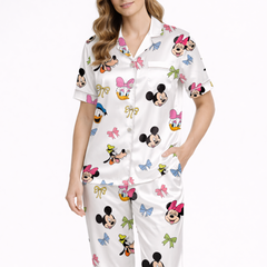 Women’s Silky Satin Pajama Set – Cute Cartoon Friends Print
