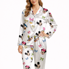 Women’s Silky Satin Pajama Set – Cute Cartoon Friends Print