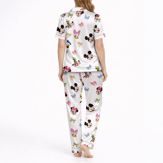 Women’s Silky Satin Pajama Set – Cute Cartoon Friends Print
